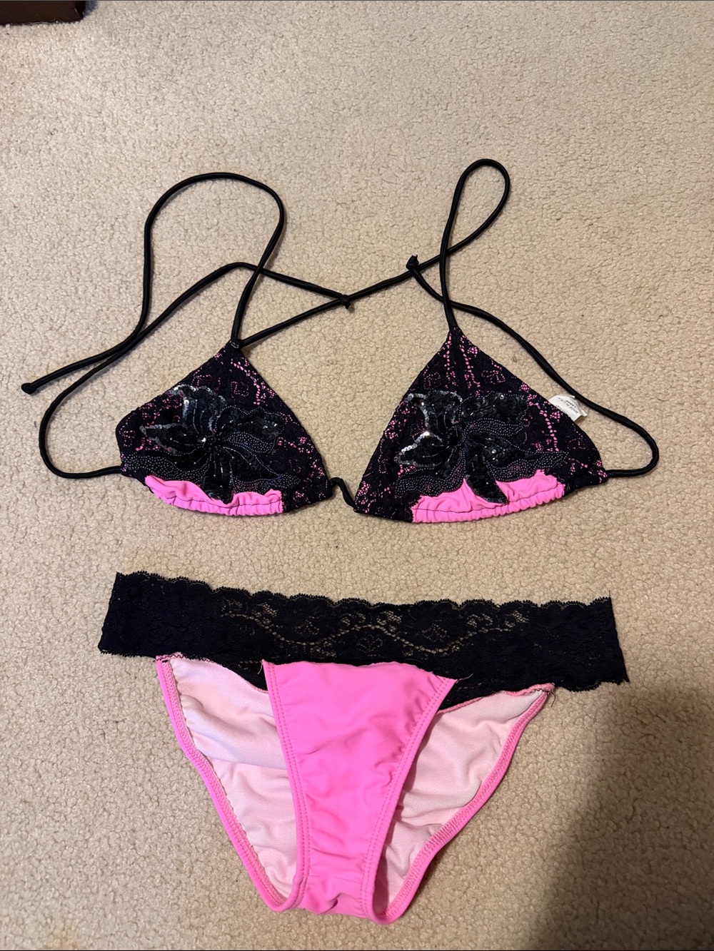 Pink & Black Lace Triangle Bikini Set
